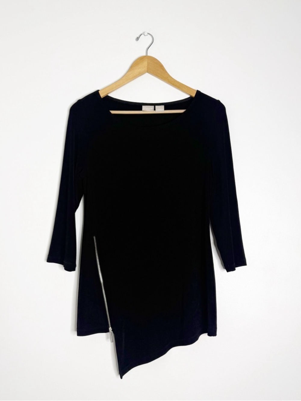 Chico’s Travelers 0 Black Asymmetrical Tunic Top Size 4/6 Zipper Blouse Shirt